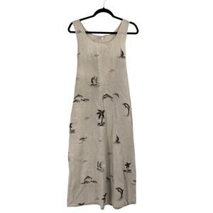 Vintage Connie Choi Beige Black Linen Maxi Dress Dolphin Boat Print Coastal SM